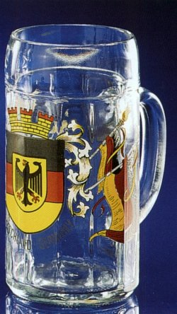 1 Liter Glass Beer Mug with German Crest and Flags